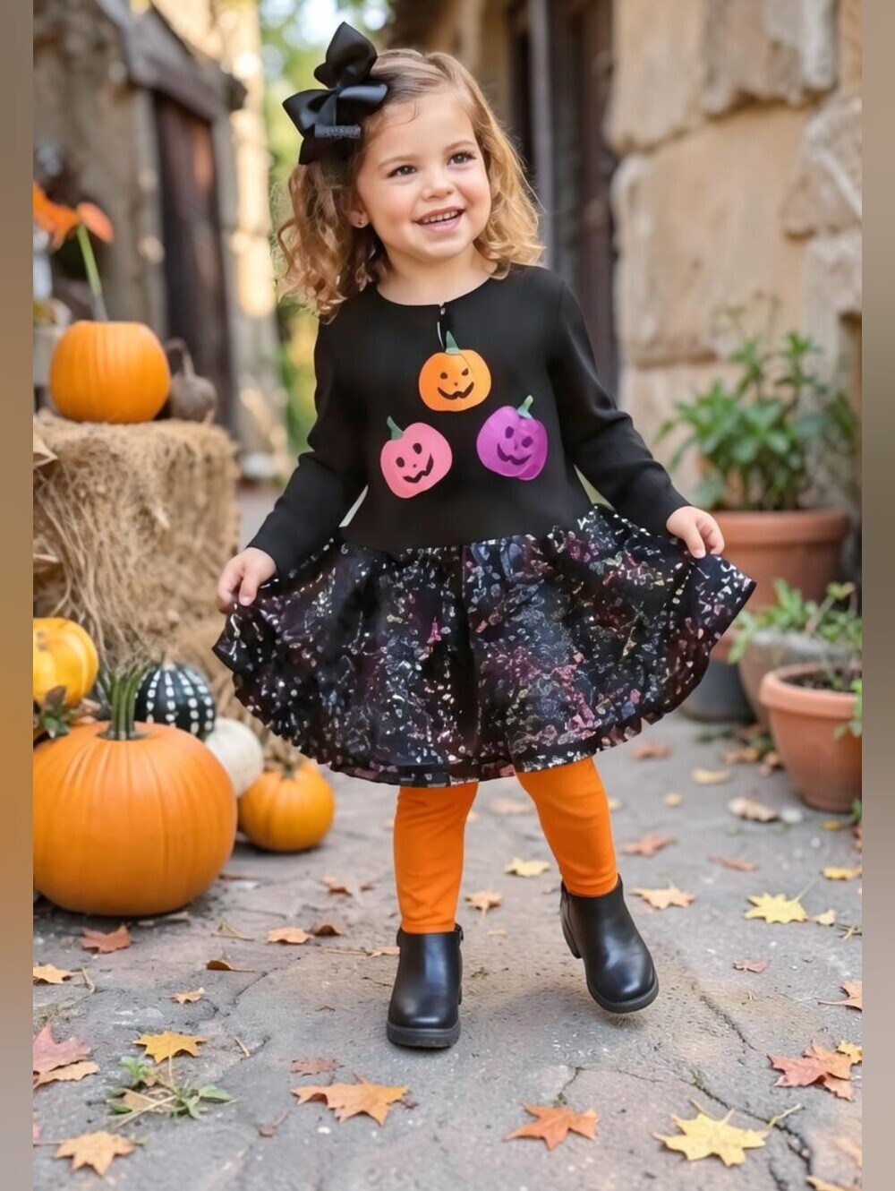 Counting Daisies Black Halloween Pumpkin Skater Dress with Orange Leggings